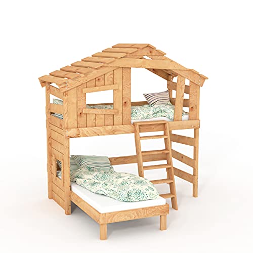 Alpin Chalet - Cama alta infantil doble de madera maciza natural 100% biológica (accesorio opcional, con puerta superior)