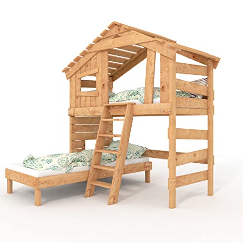 Alpin Chalet - Cama alta infantil doble de madera maciza natural 100% biológica (accesorio opcional, con puerta superior)