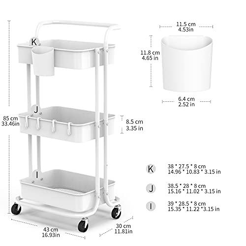 alvorog Carrito Cocina de Metal de 3 Niveles, Carrito Auxiliar con Ruedas, Organizador de Almacenamiento Carrito Multifuncional, Carrito Verdulero con Asa para Cocina, Baño, Oficina, Taller, Blanco