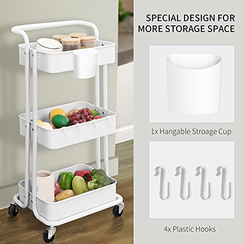 alvorog Carrito Cocina de Metal de 3 Niveles, Carrito Auxiliar con Ruedas, Organizador de Almacenamiento Carrito Multifuncional, Carrito Verdulero con Asa para Cocina, Baño, Oficina, Taller, Blanco