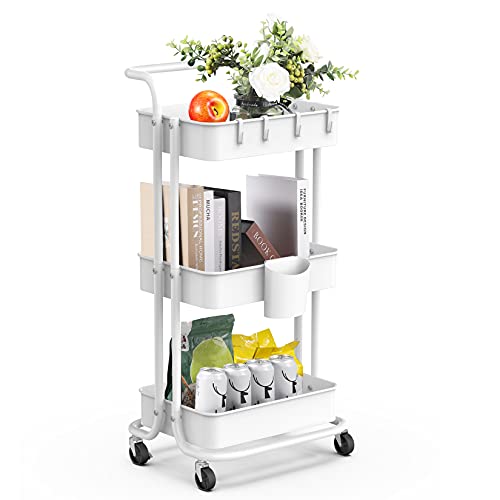 alvorog Carrito Cocina de Metal de 3 Niveles, Carrito Auxiliar con Ruedas, Organizador de Almacenamiento Carrito Multifuncional, Carrito Verdulero con Asa para Cocina, Baño, Oficina, Taller, Blanco