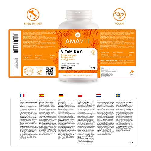 AMAVIT Vitamina C 1000mg 180 Tabletas Alta Dosis [Suministro durante 6 meses] MADE IN ITALY Suplemento Vitamina C Pura para las Defensas Inmunitarias Sin Gluten y Lactosa