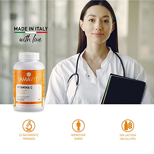 AMAVIT Vitamina C 1000mg 180 Tabletas Alta Dosis [Suministro durante 6 meses] MADE IN ITALY Suplemento Vitamina C Pura para las Defensas Inmunitarias Sin Gluten y Lactosa