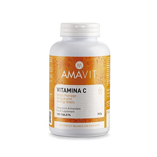 AMAVIT Vitamina C 1000mg 180 Tabletas Alta Dosis [Suministro durante 6 meses] MADE IN ITALY Suplemento Vitamina C Pura para las Defensas Inmunitarias Sin Gluten y Lactosa