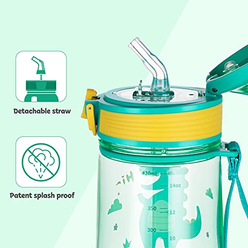 Amazon Brand - Eono Botella de Agua Niños, 420ml Reutilizable Tritan Plástico sin BPA Botella Agua Niños a Prueba de Fugas, con Pajita y Marcador, para Aire Libre Escuela, Deportes (Verde, Dinosaurio)