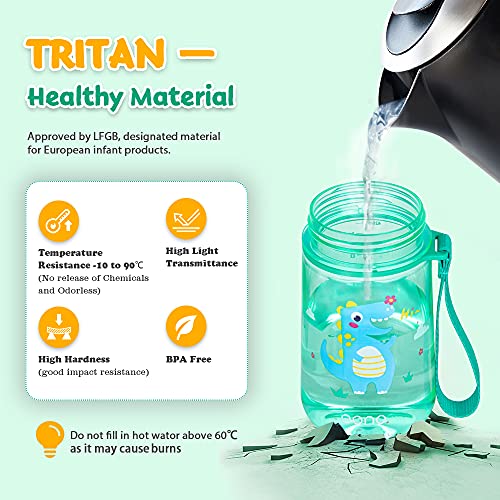 Amazon Brand - Eono Botella de Agua Niños, 420ml Reutilizable Tritan Plástico sin BPA Botella Agua Niños a Prueba de Fugas, con Pajita y Marcador, para Aire Libre Escuela, Deportes (Verde, Dinosaurio)