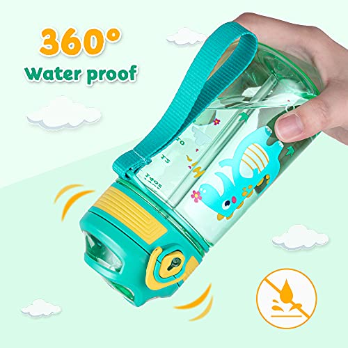 Amazon Brand - Eono Botella de Agua Niños, 420ml Reutilizable Tritan Plástico sin BPA Botella Agua Niños a Prueba de Fugas, con Pajita y Marcador, para Aire Libre Escuela, Deportes (Verde, Dinosaurio)