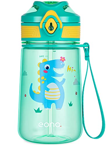 Amazon Brand - Eono Botella de Agua Niños, 420ml Reutilizable Tritan Plástico sin BPA Botella Agua Niños a Prueba de Fugas, con Pajita y Marcador, para Aire Libre Escuela, Deportes (Verde, Dinosaurio)