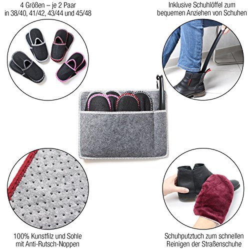 Amazy Zapatillas Casa (8 Pares) Incl. Bolsa + Calzador + Paño Limpieza | Zapatillas de casa para mujer y hombre ideales para invitados | Pantuflas antideslizantes de fieltro – (Tallas 38-48)