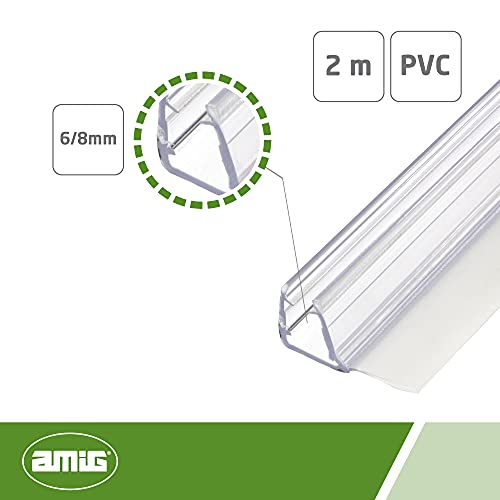 Amig - Junta de Cierre Mod.250 para Hojas de Mamparas de Ducha o Bañera Apta para Cristales de Espesor 6 a 8 mm, Perfil de Goma para Sellado o Estanqueidad, Pieza de 2 Metros, Transparente
