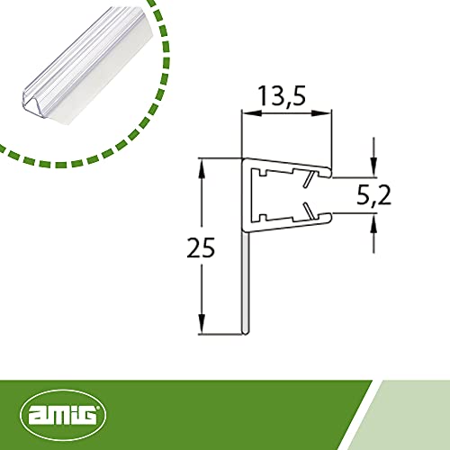 Amig - Junta de Cierre Mod.250 para Hojas de Mamparas de Ducha o Bañera Apta para Cristales de Espesor 6 a 8 mm, Perfil de Goma para Sellado o Estanqueidad, Pieza de 2 Metros, Transparente