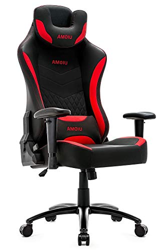 Amoiu Silla de videojuegos, silla de oficina ergonómica, reposacabezas en forma de U, reposabrazos ajustables con soporte lumbar, piel sintética (rojo)