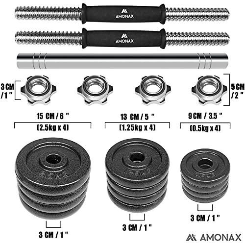 Amonax Pesas y Mancuernas Ajustables 20KG (Par 10 KG), Juego de Pesos Dumbbells Kit Hierro Fundido, Fitness Gimnasio en Casa Musculacion, Weights Set Mujer Halteres Barbell Hombres Ejercicios Deporte