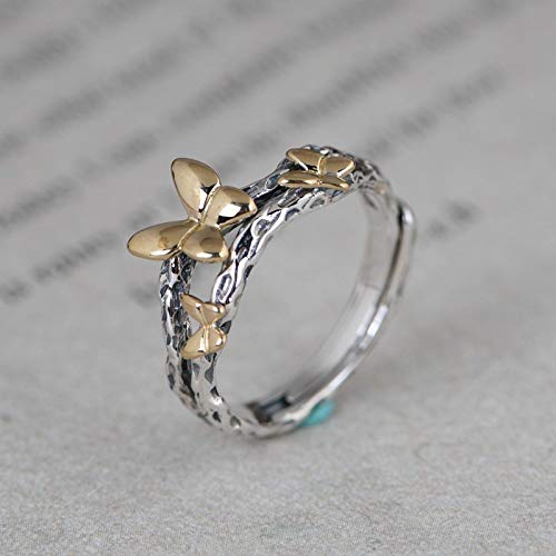 Anillo Abierto De Mujer,Vintage Ladies Ajustable 925 Anillos De Plata Esterlina Mariposa Dorada Tronco De Animales Hojas De Ramas Muertas Único Anillo De Nudillo Elegante Para Hombres Eternidad Bod