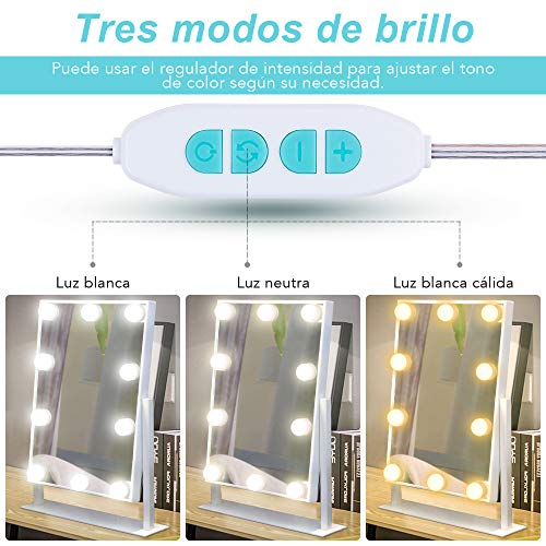 Anpro Luces LED Kit de Espejo con 10 Bombillas regulables,3 Modos Ajustable de Color de Luz,Luz Espejo Maquillaje,Tocador,Espejo,Baño,Regalo para Fiesta,Cumpleaños,Aficionados de Maquillarse