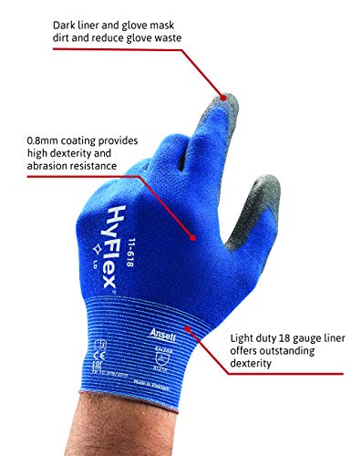 Ansell HyFlex 11-618 Guantes de Trabajo de Nylon Extra-Finos, Guante Mecánico Duraderos Usos Múltiples, Protección Mecánica Industrial, Seguridad y Destreza, Hombre Mujer, Negro, Talla L (12 Pares)