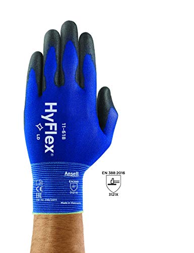 Ansell HyFlex 11-618 Guantes de Trabajo de Nylon Extra-Finos, Guante Mecánico Duraderos Usos Múltiples, Protección Mecánica Industrial, Seguridad y Destreza, Hombre Mujer, Negro, Talla L (12 Pares)