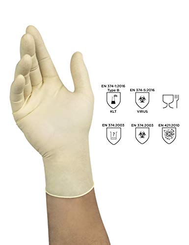 Ansell Microflex 63-864 Guantes Desechables Látex Sin Polvo, Protección Mecánica y Quimica, Industria Alimentaria, Resistencia y Destreza, Guante de Trabajo Multiuso, Blanco, Talla M (100 Guantes)