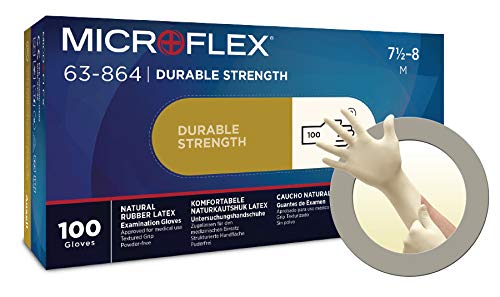 Ansell Microflex 63-864 Guantes Desechables Látex Sin Polvo, Protección Mecánica y Quimica, Industria Alimentaria, Resistencia y Destreza, Guante de Trabajo Multiuso, Blanco, Talla M (100 Guantes)