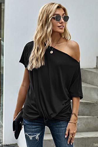 AOISAGULA Camiseta de Manga Corta para Mujer con Hombros Descubiertos Camisetas de Verano Camisetas Sueltas Blusa básica túnica para Mujer Negro S