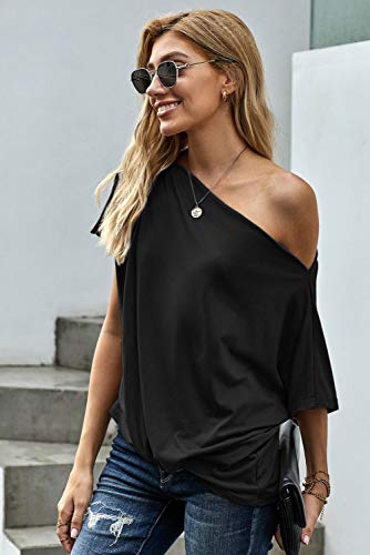 AOISAGULA Camiseta de Manga Corta para Mujer con Hombros Descubiertos Camisetas de Verano Camisetas Sueltas Blusa básica túnica para Mujer Negro S