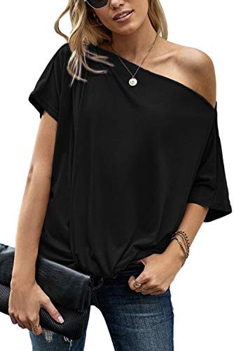 AOISAGULA Camiseta de Manga Corta para Mujer con Hombros Descubiertos Camisetas de Verano Camisetas Sueltas Blusa básica túnica para Mujer Negro S