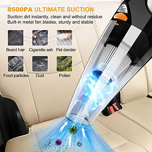 AOKBON Aspirador Coche 8500PA 120W Aspirador de Mano Potente Sin Cable HEPA Filtro de Acero Inoxidable con Bolsa de Transport y Luz LED para Hogar y Coche