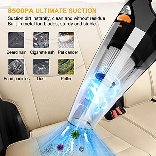 AOKBON Aspiradora de Mano 8500Pa 120W Aspirador para Coche sin Cable Potente con Luz LED Seco y Húmedo Recargable para Casa y Coche con 2 Filtros Lavables Cepillo