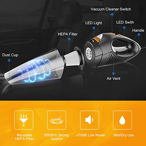 AOKBON Aspiradora de Mano 8500Pa 120W Aspirador para Coche sin Cable Potente con Luz LED Seco y Húmedo Recargable para Casa y Coche con 2 Filtros Lavables Cepillo