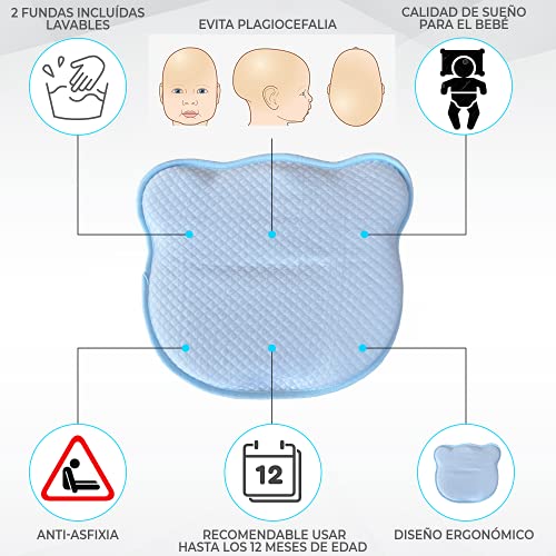 AQOS Baby | Almohada Bebe , 2 Fundas extraíbles y Lavables, Evitar plagiocefalia, Fabricada de Espuma viscoelástica, sin olores.