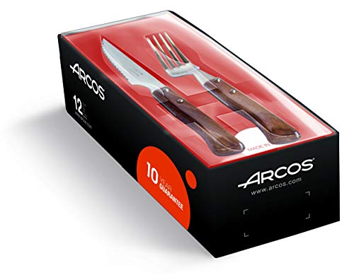 Arcos Serie Cuchillos de Mesa - Juego 12 uds: Cuchillo Chuletero (6 uds) + Tenedor (6 uds), Hoja Serrada de Acero Inoxidable NITRUM de 110 mm, Mango Madera comprimida, Color Marrón