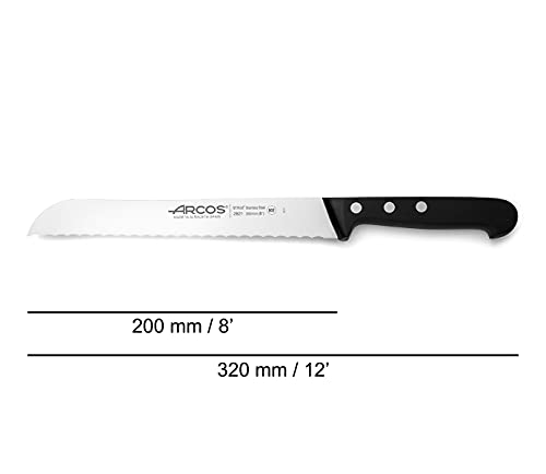 Arcos Serie Universal, Cuchillo Panero, Hoja de Acero Inoxidable Nitrum 200 mm con alveolos, Mango de Polioximetileno, POM Color Negro