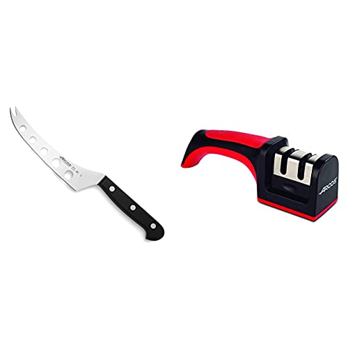 Arcos Universal Cuchillo, Acero Inoxidable, Negro, 190 mm + Afiladores, Afilador de Cuchillos de Mano, Hecho de ABS + TPE, Rodillos Cerámico y Carburo, Color Rojo y Negro