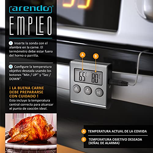 arendo - Termómetro digital de cocina con sonda - Monitorear la temperatura de -26° à 250°C - Alarma y temporizador - Acero inoxidable - Para parrilla, barbacoa, todos tipos de carne pescado bebidas