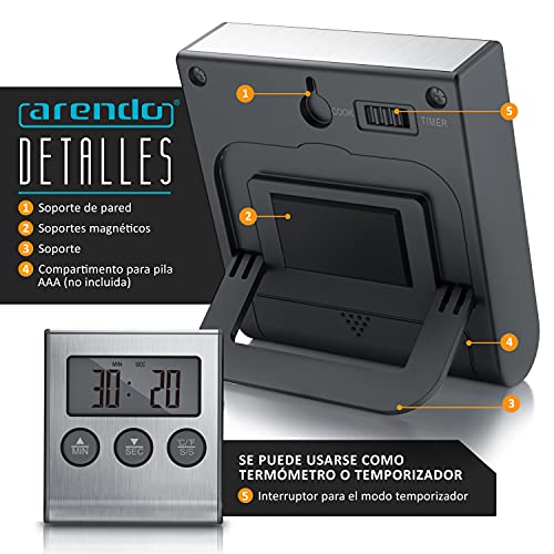 arendo - Termómetro digital de cocina con sonda - Monitorear la temperatura de -26° à 250°C - Alarma y temporizador - Acero inoxidable - Para parrilla, barbacoa, todos tipos de carne pescado bebidas