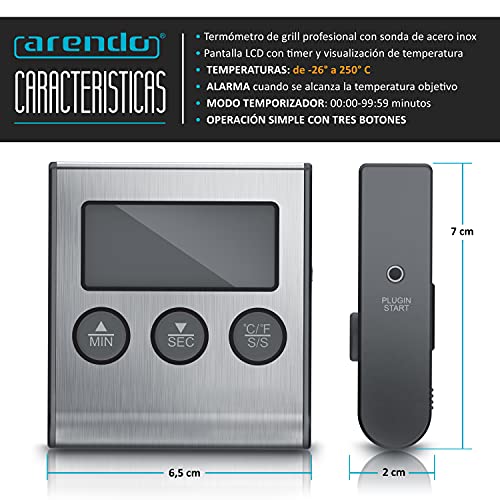 arendo - Termómetro digital de cocina con sonda - Monitorear la temperatura de -26° à 250°C - Alarma y temporizador - Acero inoxidable - Para parrilla, barbacoa, todos tipos de carne pescado bebidas