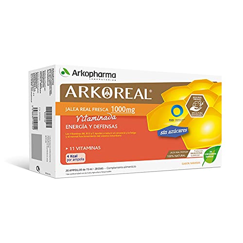 Arkopharma Arkoreal Jalea Real Vitaminada 1000mg Sin Azúcar 20 Ampollas, Refuerzo de Energía y Defensas, Jalea Real Premium, Complemento Alimenticio