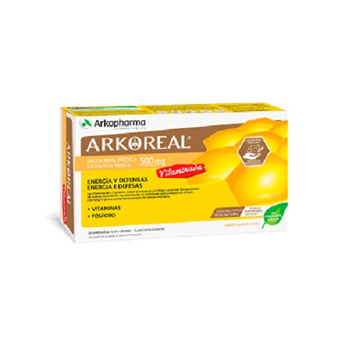 Arkopharma Arkoreal Jalea Real Vitaminada 500mg 20 Ampollas, Refuerzo De Energía Y Defensas, Con Vitaminas Y Fósforo, Jalea Real Premium 100% Natural, Complemento Alimenticio