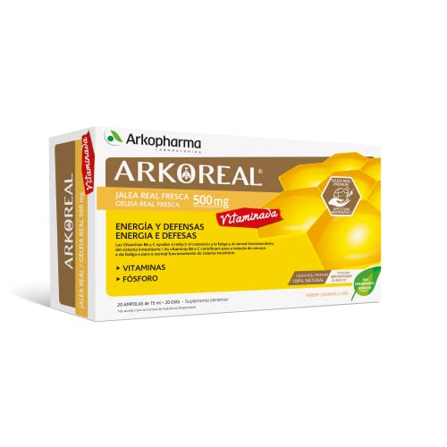 Arkopharma Arkoreal Jalea Real Vitaminada 500mg 20 Ampollas, Refuerzo De Energía Y Defensas, Con Vitaminas Y Fósforo, Jalea Real Premium 100% Natural, Complemento Alimenticio