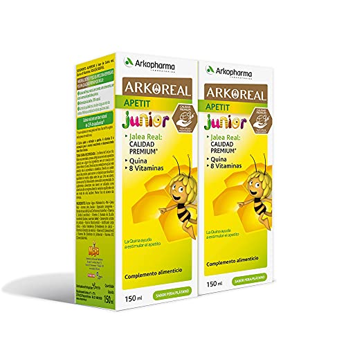 Arkopharma Arkoreal Jarabe Apetit Junior 150 ml Pack x2, Jalea Real, Quina y 8 Vitaminas, Estimula el Apetito, Sabor a Pera - Plátano, Complemento Alimenticio