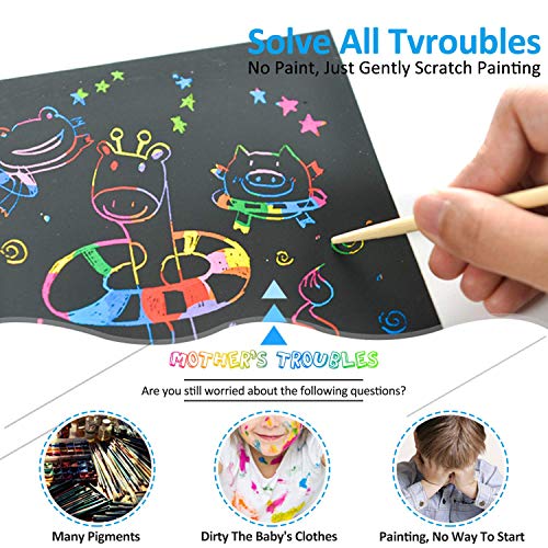 ARPDJK Scratch Art Paper para Niños 50 Hojas Manualidades Rascar Set para Arte y Pinturas Infantiles Hechas a Mano, Incluye 5 lápices de Madera, 4 Plantillas de Dibujo, 1 Cepillo