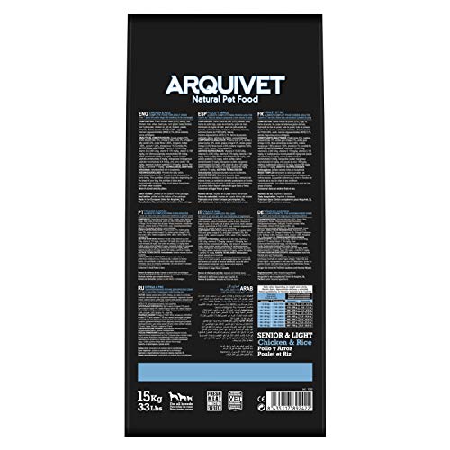 ARQUIVET Senior & Light Pollo y arroz 15 kg - Pienso Natural para Perros Mayores o con sobrepeso - Alimento seco para Perros - Pienso Super Premium - Perros Avanzada Edad - Perros a Dieta