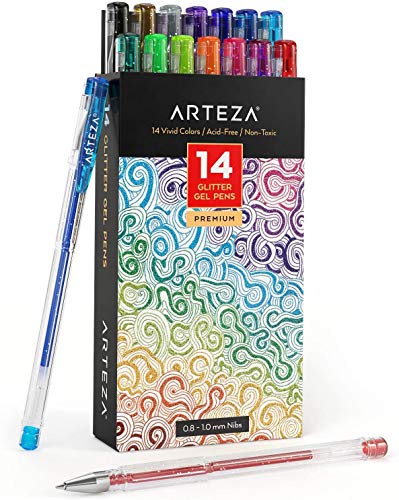 Arteza Bolígrafos de purpurina en tinta de gel | Pack de 14 bolígrafos rotuladores de colores brillantes | Tintas de gel de colores vivos | para pintar mandalas