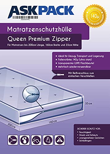 ASK Pack Bolsa para colchón Mejorada con Cremallera de 120 micras de Grosor para mudanzas y Almacenamiento a Largo Plazo – Reina/Queen - Resistente al desgarro e Impermeable - Extrem Heavy Duty