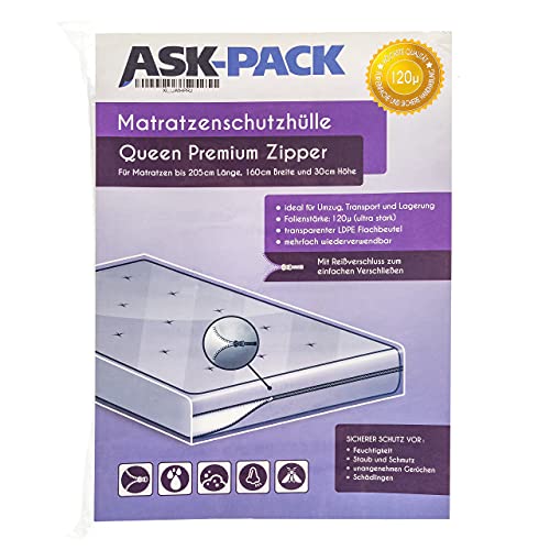 ASK Pack Bolsa para colchón Mejorada con Cremallera de 120 micras de Grosor para mudanzas y Almacenamiento a Largo Plazo – Reina/Queen - Resistente al desgarro e Impermeable - Extrem Heavy Duty