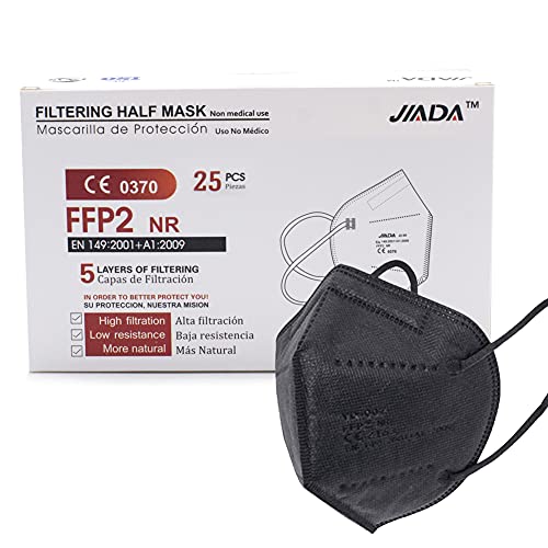 Astormedic | Mascarillas FFP2 Jiada - Homologadas CE- para Adultos. Mascarilla Negra [25 unidades] Mascarilla de Protección con 5 capas. Alta eficiencia filtración bacteriana. Envase Individual.