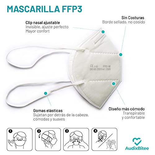 Audix Bitee 20 Mascarillas FFP3 - Maxima Protección - Homologada CE - Eficiencia 99% - Gomas largas para sujeción desde la cabeza - Envuelta Individualmente - Paquete 20 unidades