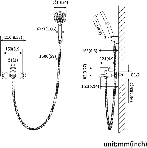 Auralum Grifo de Ducha, Grifo Bañera con 5 Funciones Ducha de Mano, Grifo Monomando Ducha con 150 cm Manguera de Ducha, Set de Ducha Cromado de Latón Montaje en Pared