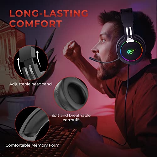 Auriculares Gaming para PS4 HAVIT Iluminación RGB Cascos Gaming Sonido Envolvente, Controlador de 50MM y micrófono con reducción de Ruido para Xbox One/PC/Móvil （2010d,Negro）