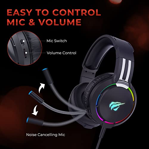 Auriculares Gaming para PS4 HAVIT Iluminación RGB Cascos Gaming Sonido Envolvente, Controlador de 50MM y micrófono con reducción de Ruido para Xbox One/PC/Móvil （2010d,Negro）